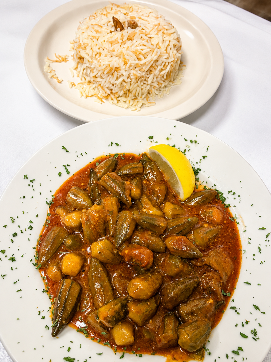 Bamia – baby okra with beef in rich tomato broth